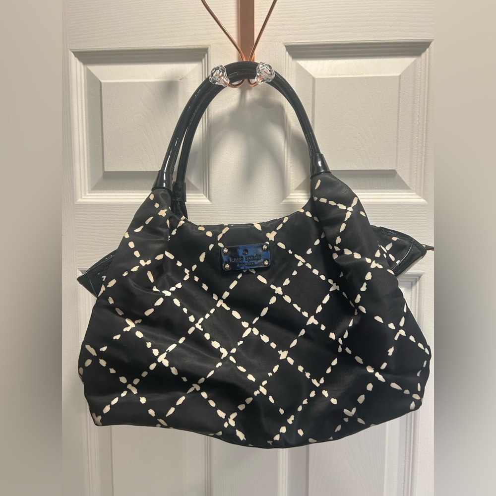 Kate Spade NY "Sew Be It" Stevie Shoulder Hand Bag BLACK CREAM White patent
